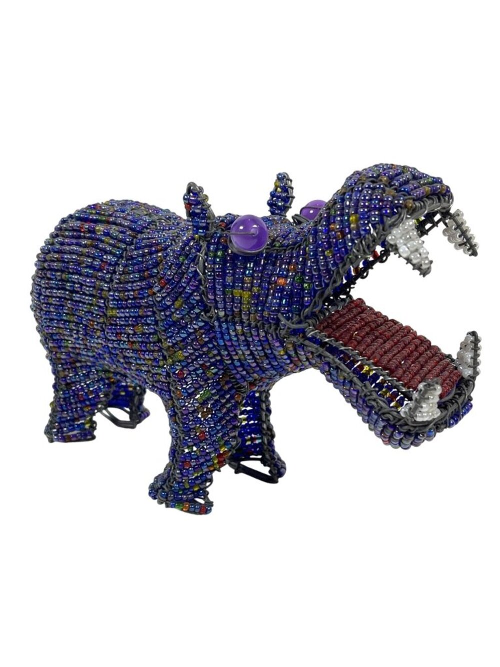 Hippopotamus Sculpture Artisan Blue Red Glass Bead Handmade African Hippo VTG